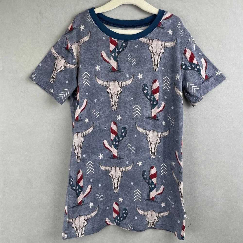 Fletch Kid Western Patriotic Soft Bamboo Pajama Top Steer Skull Cactus Blue 7-8Y